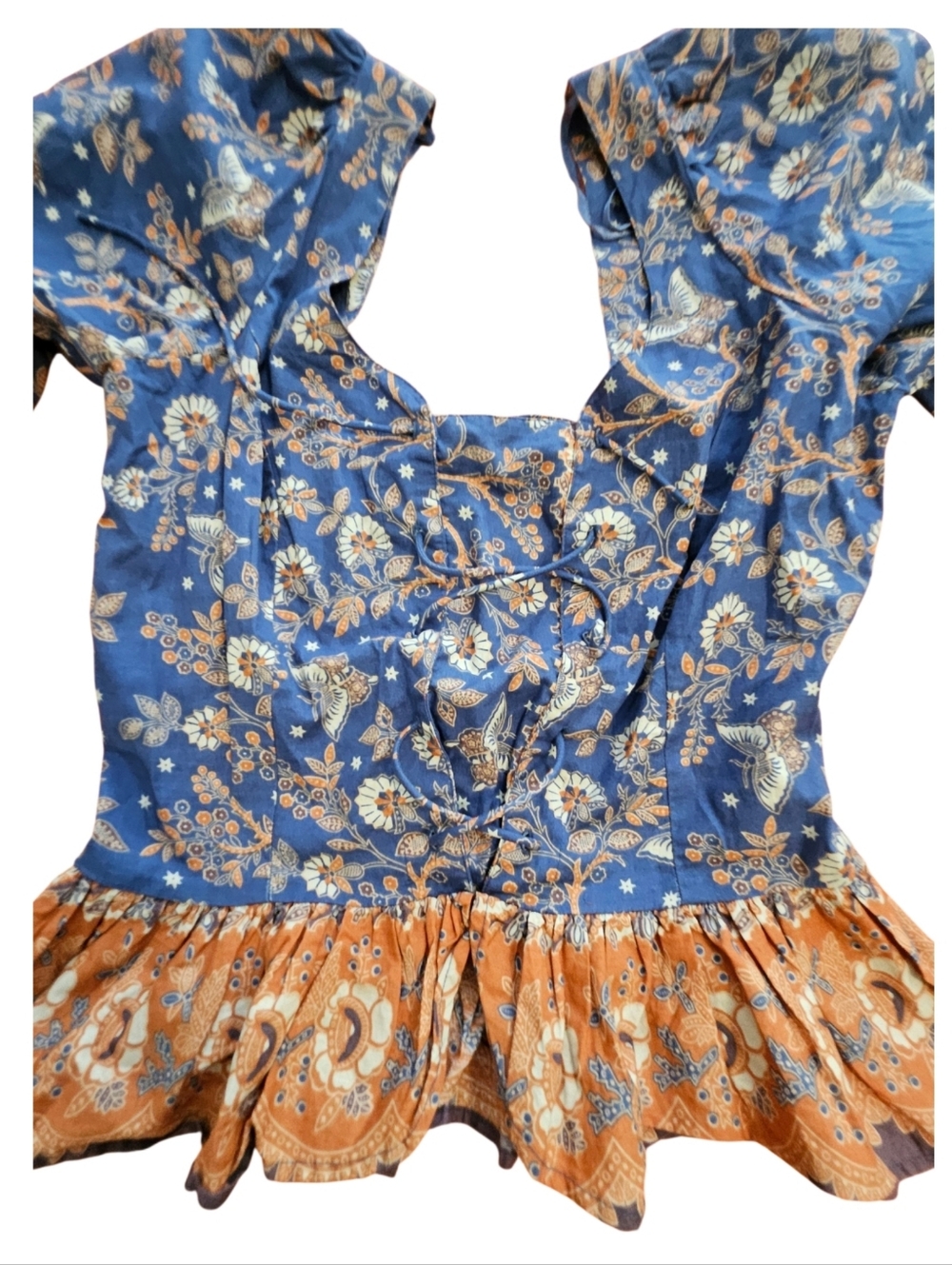 Boho Floral Ruffle Women’s Top - Blue & Orange-Size Medium-NWOT - Picture 8 of 12